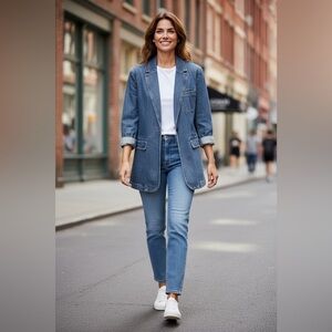 Gap Women's Medium Blue Wash Denim Blazer Single Button Lapel, Vent Size Large T